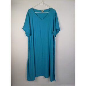 The Vermont Country Store Dress Plus Size 2X Linen Blend Blue Pockets V Neck